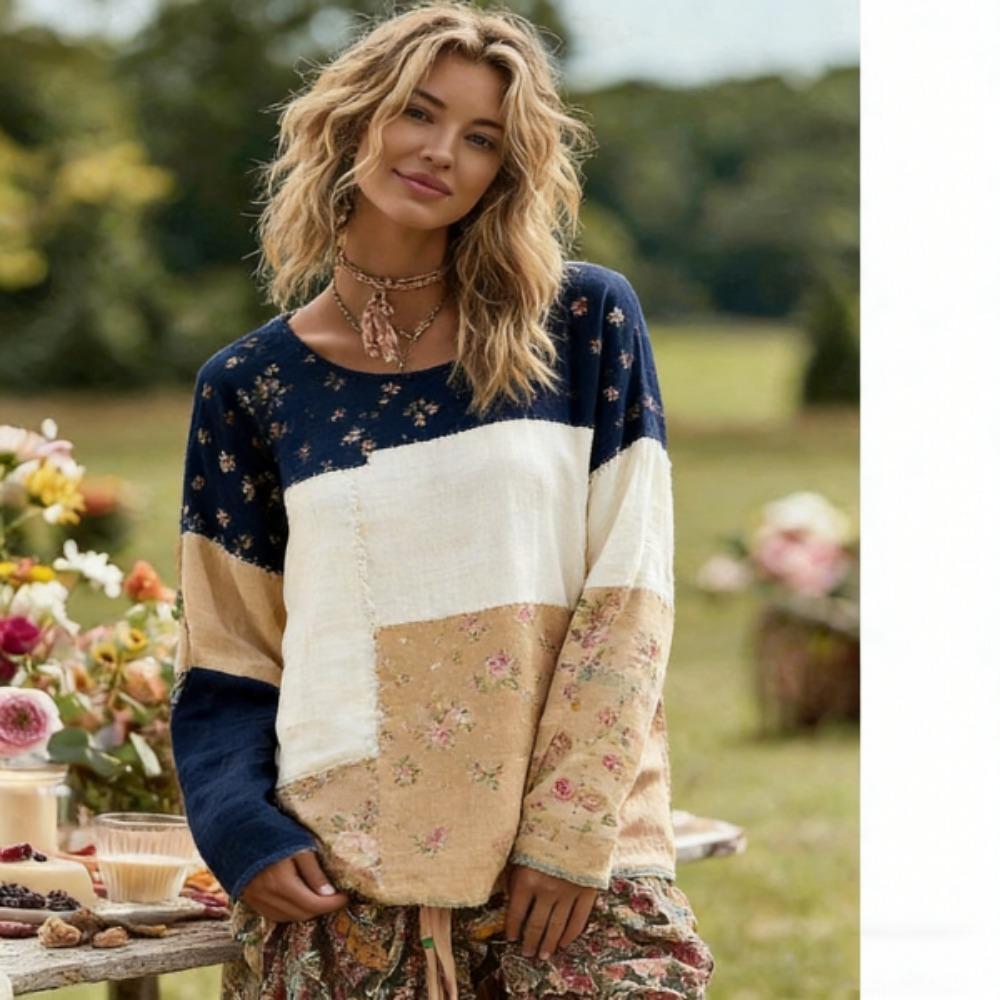 Модная женская футболка в богемном стиле, с цветными вставками, пуловер, одежда для Европы и Америки, женская, с длинным рукавом, для активного отдыха, повседневные футболки, топ