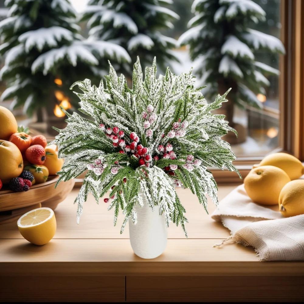 Artificial Norfolk Pine Branch Holiday Vase with 20 Pine Branches and 10 Red Berry Stems DIY Wreath Christmas Decoration