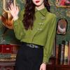 New Chinese Women's Temperament Buttoned Polo Collar Top Early Spring Style Hong Kong Style Retro Shirt Feel Green Shirt