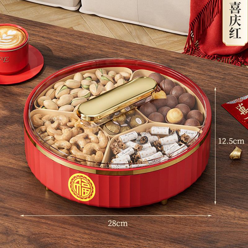 New Year'S Candy Plate Household Living Room Coffee Table Dried Fruit Storage Box Light Luxury High-End Rotating Grid Melon Seed Fruit Plate With Lid