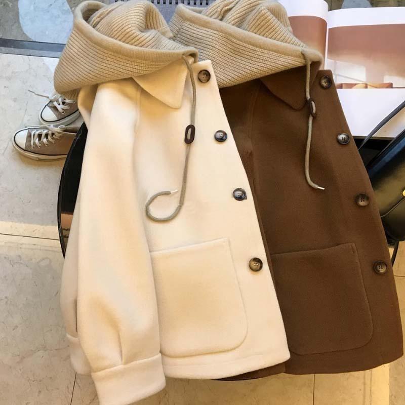 Autumn and Winter Long Sleeve Woolen Hooded Coats Women Fashion Solid Casual Plus Size Women's Jackets Elegant Vintage Single Breasted Coat 25410