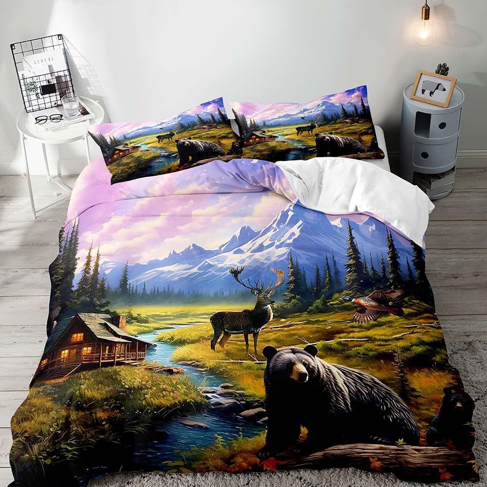 Beardeer Лесной Загородный Коттедж Комплект Постельного Белья из Трех Предметов Пододеяльник Цифровая Печать Покрывало