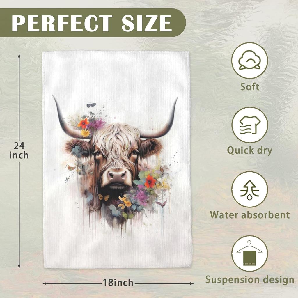 Cow Kitchen Towels Set of 2 Highland Cow Fingertip Towels Soft Kitchen Dish Towel for Bathroom Spa Decor Laundry Room