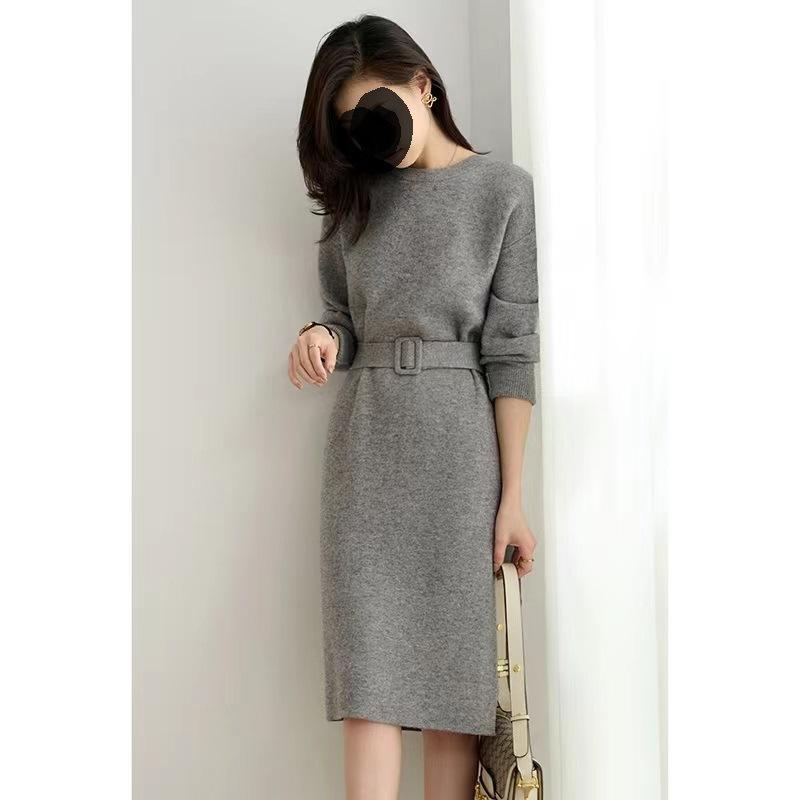 Французское вязаное платье для женщин однотонное повседневное платье-свитер женский осенне-зимний свитер средней длины