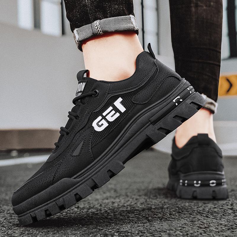 Autumn New Men's Breathable Casual Martin Boots Retro Leather Splicing Mesh Low-top Platform Men's Shoes