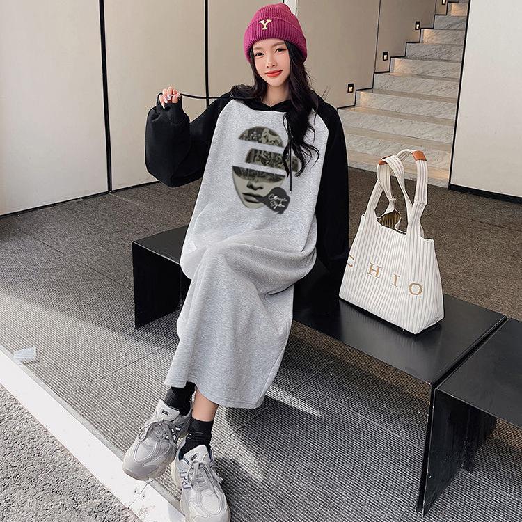 Lazy wind long-sleeved casual dress women's autumn and winter 2026 new loose velvet thickened hooded sweater skirt