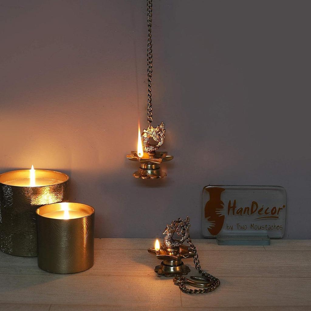 Brass Peacock Carved Hanging Diya Set, Antique Yellow -Pack of 2, Standard New