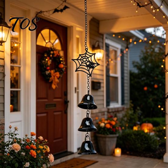 Three Dimensional Spider Decor Halloween Web Wind Chime, Metal Hanging Ornament with 3D Front Porch Horror Accents Decor, Weather-Resistant