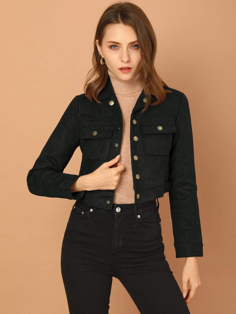 Allegra K Women's Cropped Jacket, Faux Suede, Fold-Over Collar, Button Pockets, Black, Size XL