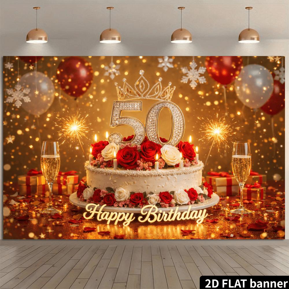 2D plane 50-year-old golden red birthday background cloth jewelry number 50 crown cake stylezyc
