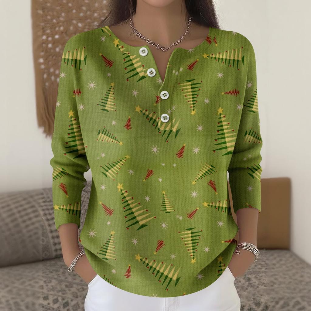 Women's Fashion Long Sleeve Christmas Snowflake Print Top Elegant Casual Top