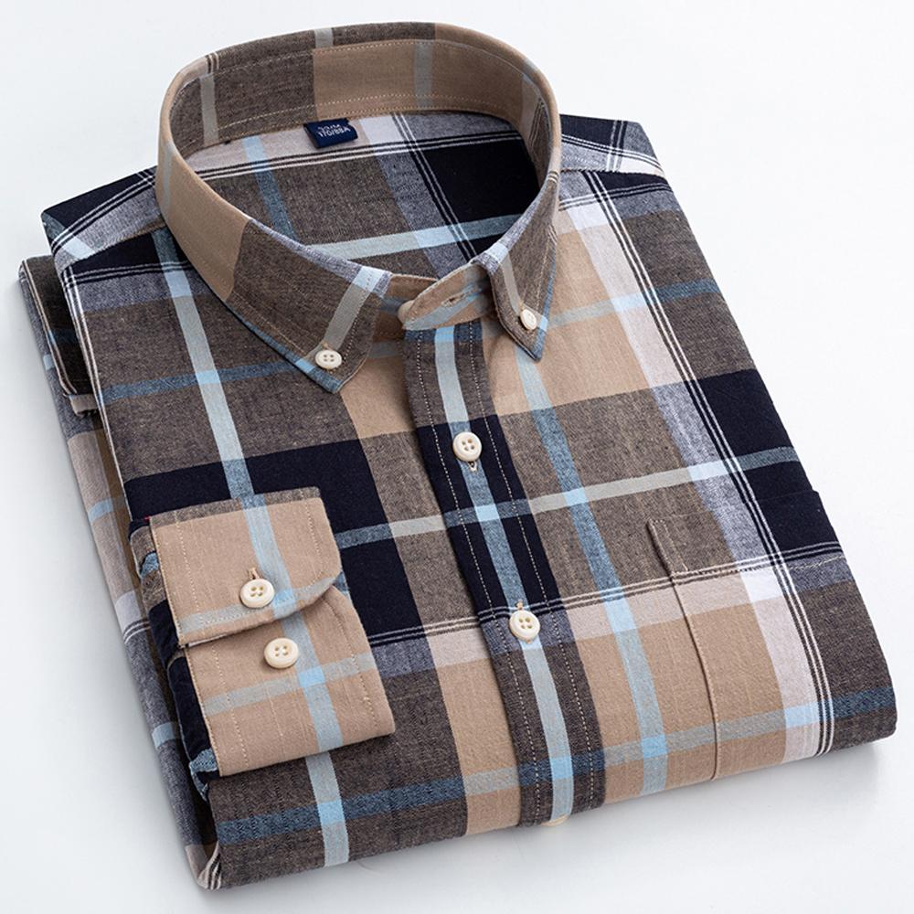 Men's Classic Fit Casual Plaid Linen Cotton Shirt Single Pocket Button-down Comfortable Soft Long Sleeve Stripe Checked Shirts