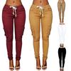 Casual Women Solid Color Skinny Cargo Pants Pockets Drawstring Joggers Trousers Fashion Lady Clothing