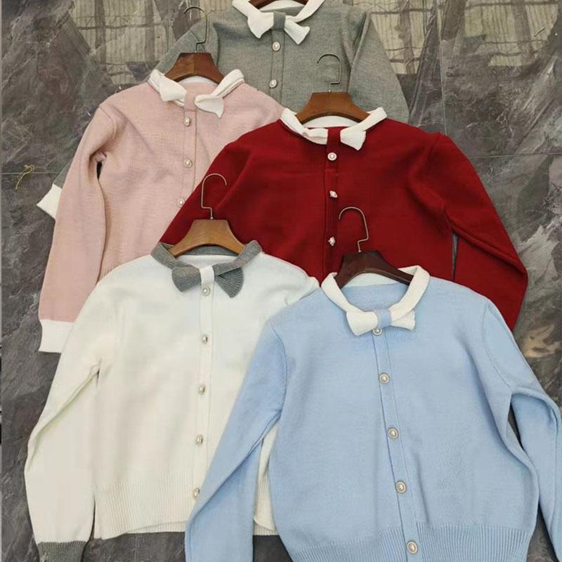 Французский нежный стиль, весенний новый свитер с маленьким бантом, круглым вырезом, длинными рукавами, контрастный красный женский вязаный кардиган