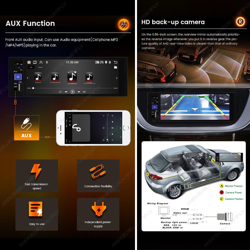 1DIN Android Car Radio Stereo 6.86inch HD MP5 Player Universal Autoradio Support Wireless CarPlay Android Auto FM BT USB TF CAM