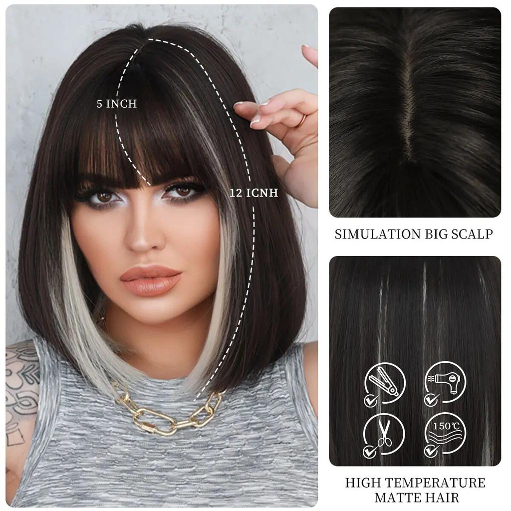 Черный с белым парики Боб с челкой Короткие прямые парики для женщин Основные моменты Парик Косплей Вечеринка Blackpink Корейский парик