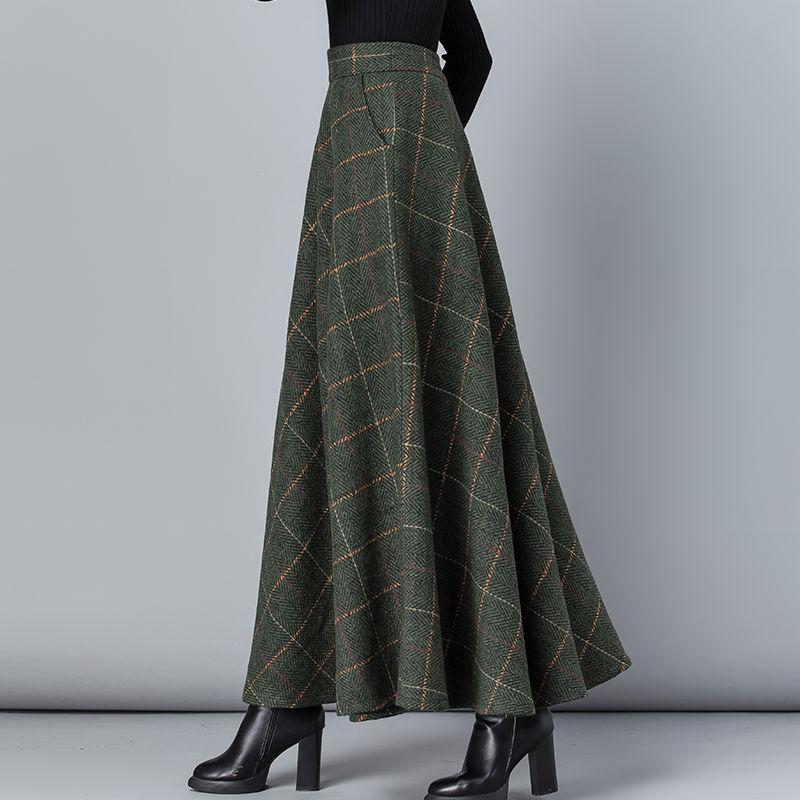 New Woolen Plaid Skirt for Women Mid-length Autumn and Winter Slimming High-waisted A-line Skirt Casual Long Skirt