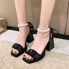Fashion Fairy Style Fashion Square Toe Lace String Bead Party Wedding High Heels Elegant Pearl Sandals Women Summer Mid Heel Ladies Shoe