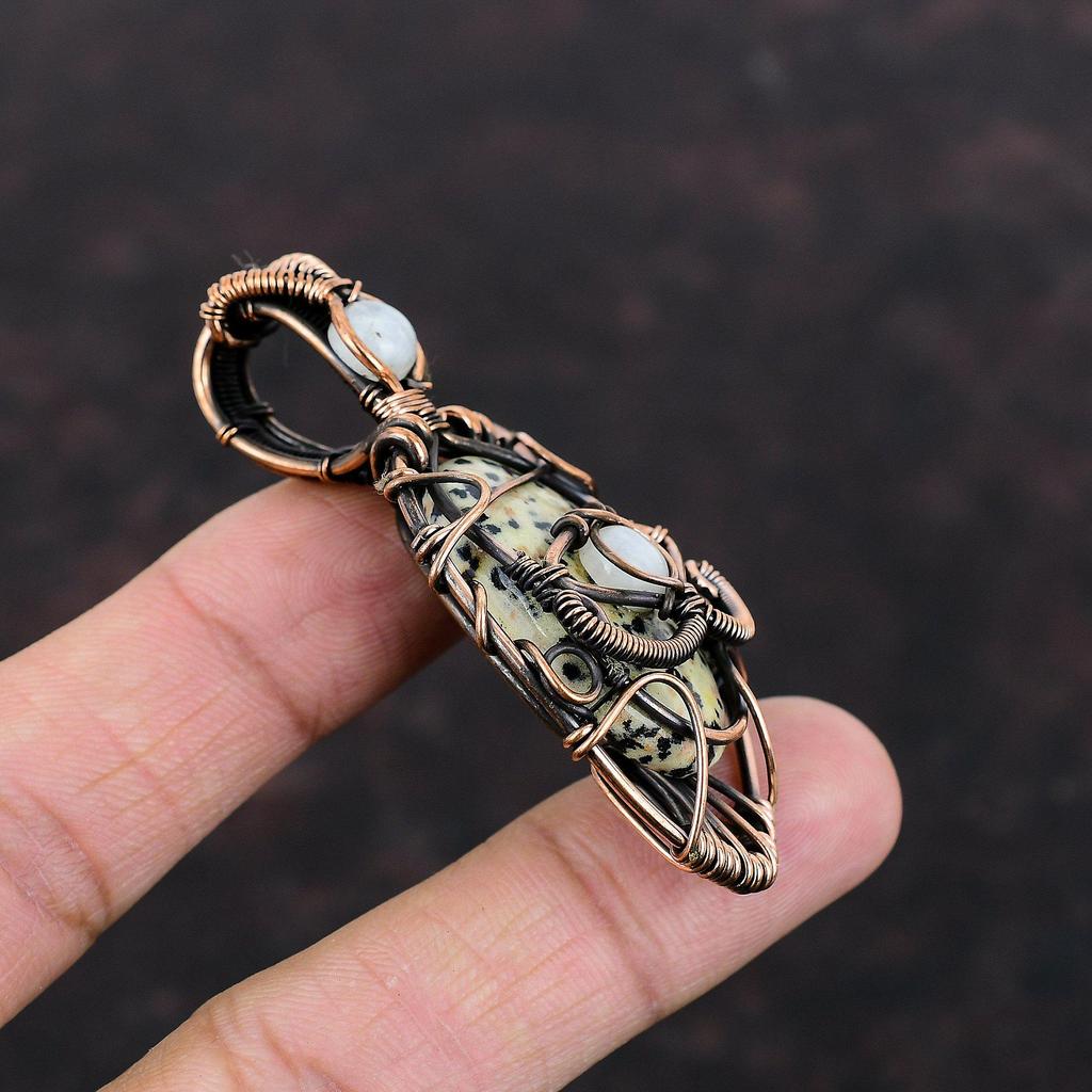 Подвеска с далматинской яшмой от сглаза, медная проволока, кулон с драгоценным камнем, подвеска из радужного лунного камня, медные украшения ручной работы, подарок для помолвки