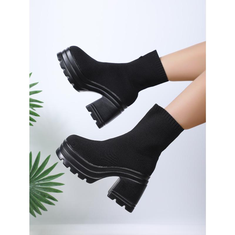 Large Size Women's Leather Boots New Style Square Head Platform High-heeled Women Shoes Black and White Square Heel Short Boot