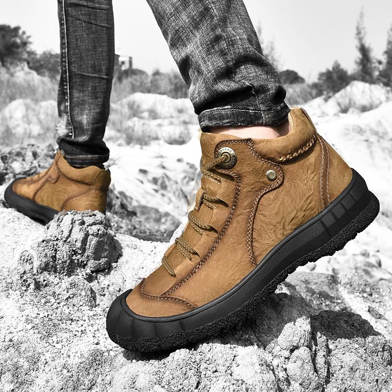 Men's Hiking Leather Boots High Top Plush Outdoor Cotton Shoes Large Size 39-46