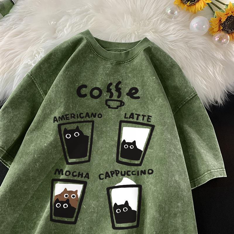 American Retro Trendy Cat Cotton Tshirt Unisex Unisex Summer Loose Couple Short Sleeve Tops Harajuku Y2k Vintage Water Washing Tee