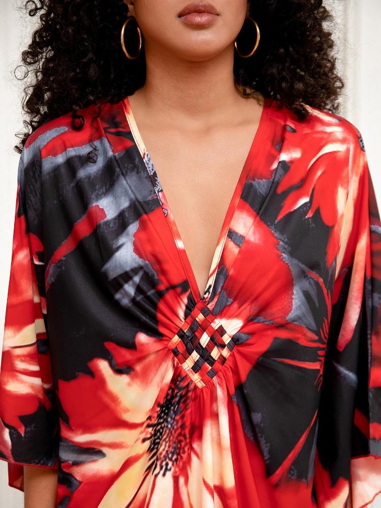 EDOLYNSA Red Bohemian Long Dress Relaxed Women's Kaftan Printed Holiday Cover Up Bat Sleeves Casual House dress