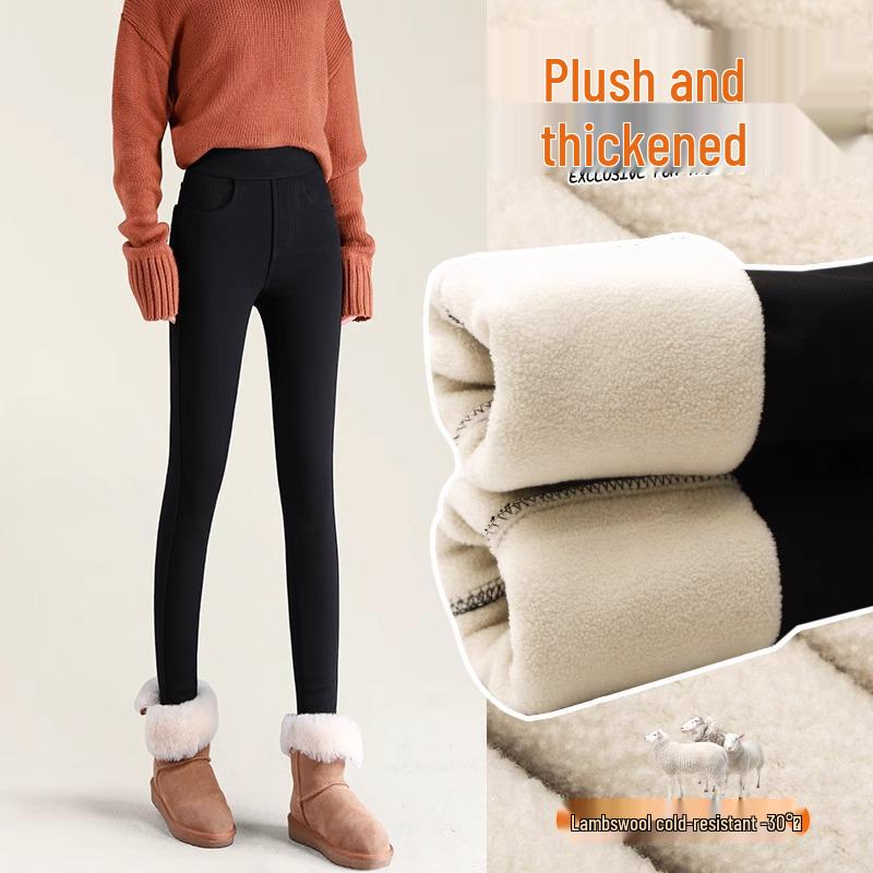 Женские зимние черные леггинсы на флисовой подкладке - Толстый хлопок из овечьей шерсти, Облегающий крой, Стиль осень/зима 2025