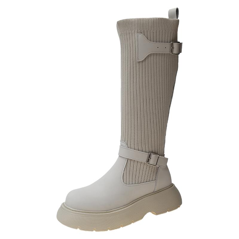 Socks Boots Women's Korean Version Fashion Autumn Over The Knee Boots Thin Knitted Belt Buckle Thick Bottom Boots