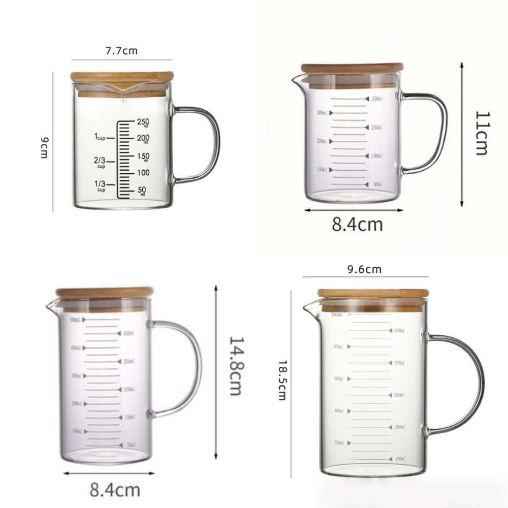 Новые стеклянные мерные стаканы со шкалой 250-1000 мл, кухонная мерная кружка, можно использовать в микроволновой печи, с деревянной крышкой, мерный стакан, кухонные аксессуары