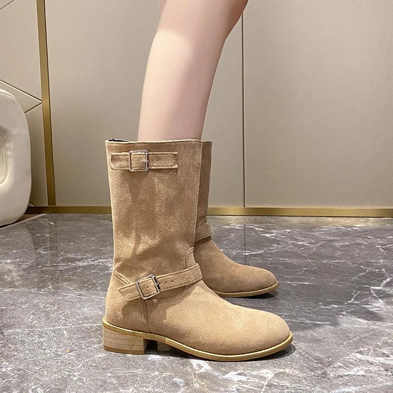 2024 Новые популярные зимние модные женские сапоги с круглым носком, высокие замшевые женские сапоги для повседневной верхней одежды Zapatos De Mujer