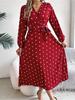 V Neck Printed Overlapping Dress Waist Hugging  Elegant Pleats Wave Point Dress for Women Long Sleeve Loose Dresses Causal Dress