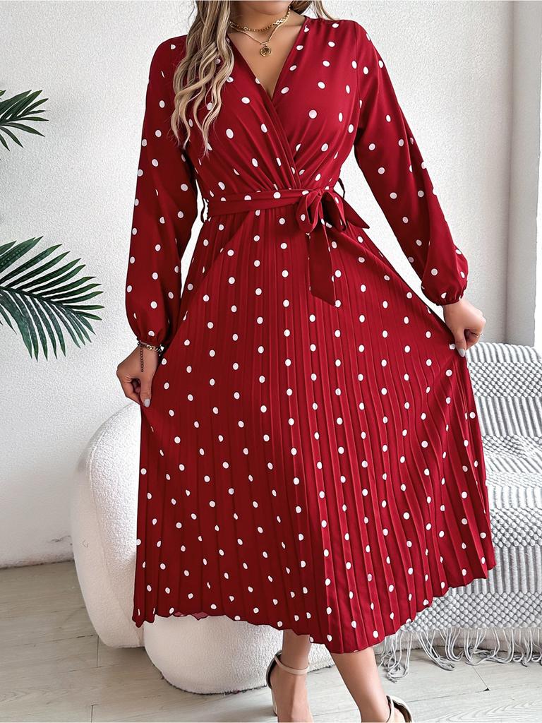 V Neck Printed Overlapping Dress Waist Hugging  Elegant Pleats Wave Point Dress for Women Long Sleeve Loose Dresses Causal Dress