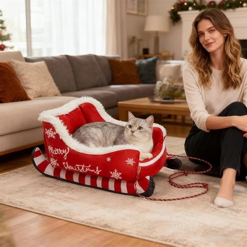 Bite Resistant Dog Winter Warm Plush Sofa Raised Rim Xmas Sleigh Cat Nest Living Room