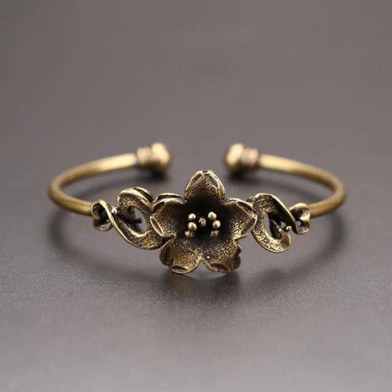 Ретро Бронзовый Цветочный Узор Браслет Принцессы Классический Чистая Медь Ажурный Античный Браслет Женское Украшение Подарок на День Благодарения