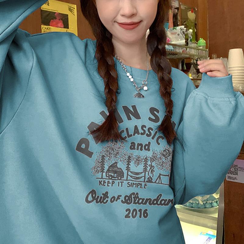 Мягкая свободная повседневная толстовка для женщин на осень и зиму, винтажная круглая горловина, длинный рукав, базовая рубашка, топ, корейская женская одежда