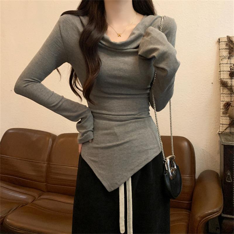 Женская сезонная базовая футболка с одним открытым плечом, однотонная, с длинными рукавами, приталенная, в стиле Spice Girl, хлопковый топ