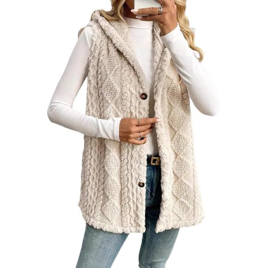 Women's Sleeveless Hoodie Coat Button Down Faux Fur Fuzzy Coat Oversized Textured Hooded Vest Fall Outerwear