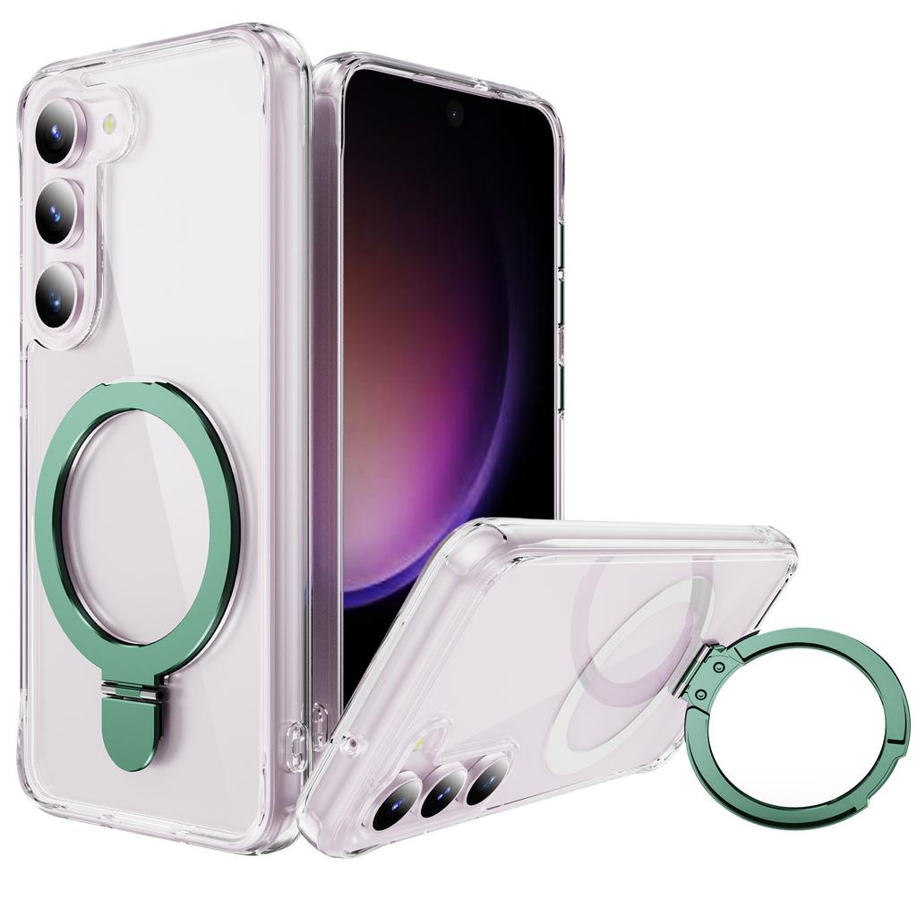 For Samsung S23 Transparent Ins Style Mobile Phone Case, Anti-yellow and Fall-resistant Folding Reinforced Magnetic Stand Mobile Phone Case