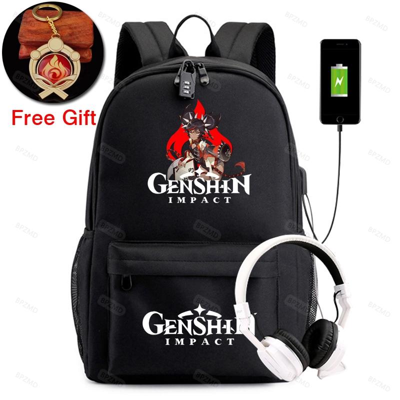 Рюкзак Genshin Impact, школьный парусиновый рюкзак для мальчиков и девочек, противоугонный USB-рюкзак, брелок для мужчин и женщин, дорожные сумки