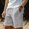 Cotton and Linen Shorts with Drawstring Elastic Waistband Straight Legs Solid Color Breathable Daily Beach Five Point Casual Men’s Shorts