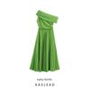 Kaslead New Women Clothes Western Style Fashion Simple Slim Fit Temperament Sloping Shoulder Waist Hugging Pleated Dress