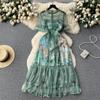 Summer High Quality Retro Dress Women O Neck Short Sleeves Zipper Mesh Patchwork Embroidery Elegant Vintage Party Long Dress