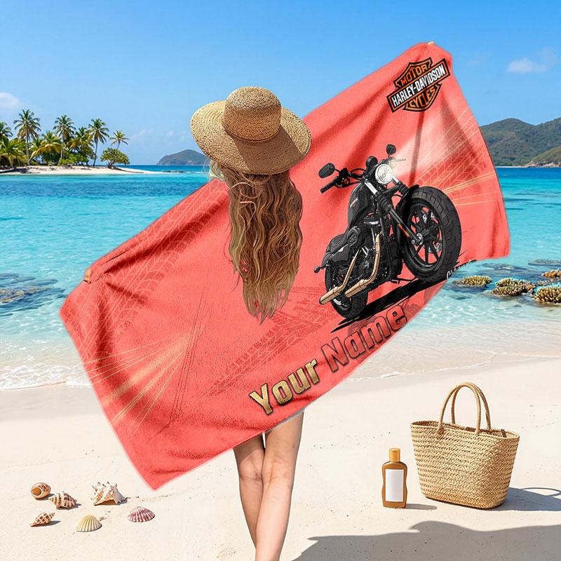 Harley-Davidson Customized Name Text Beach Towel, Soft Absorbent Towel Beach Pool Travel Personal Gift
