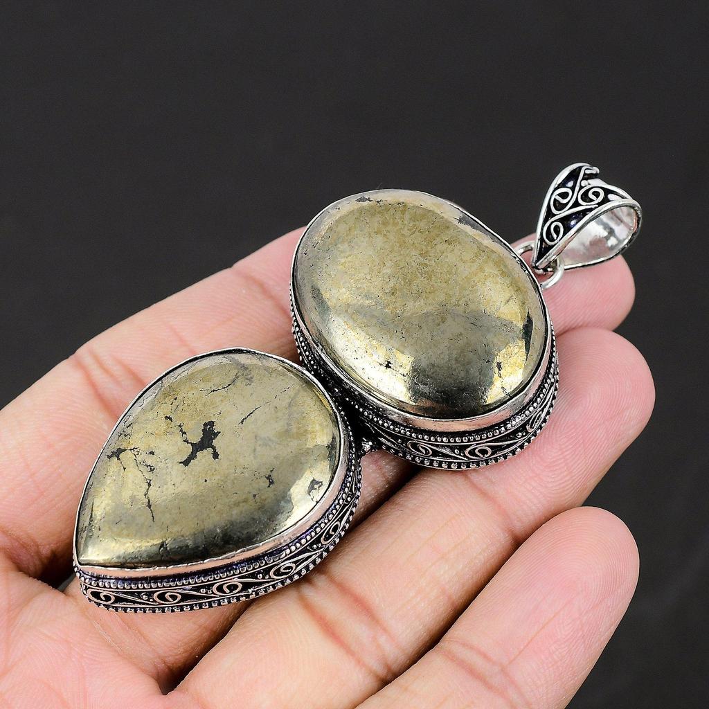 Подвеска из стерлингового серебра 925 пробы ручной работы с золотым драгоценным камнем из пирита, подвеска из драгоценного камня с двойным пиритом, ожерелье с подвеской из пирита для женщин