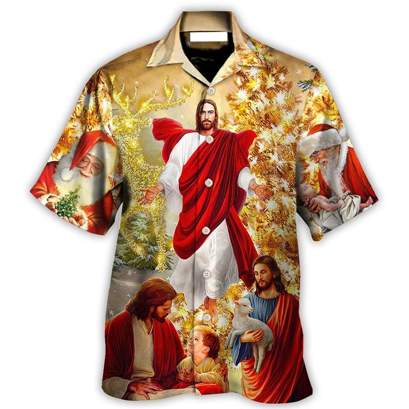 Fashion Unisex Vintage Jesus Graphic Hawaiian Shirts Fashion 3D Printed Shirts Tops Summer Short Sleeves Men Women Blouse Shirt