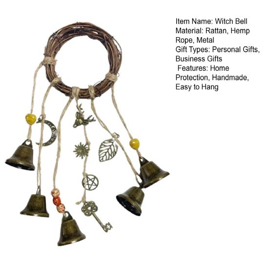 Door Knob Witch Bell Home Protection Handmade Hanging Brass Bell Rattan Wreath Witchcraft Door Hanger