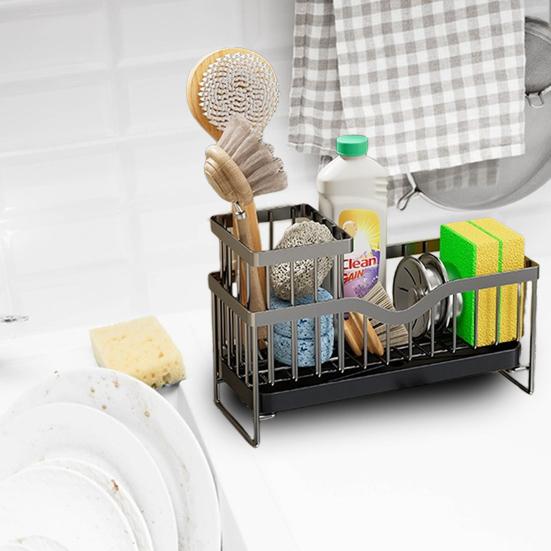 Стойка для хранения раковины с быстрым сливом и дренажным туннелем. Стойка для слива из нержавеющей углеродистой стали. Полка для организации кухонных принадлежностей. Губка для раковины. Тряпка для мытья посуды.