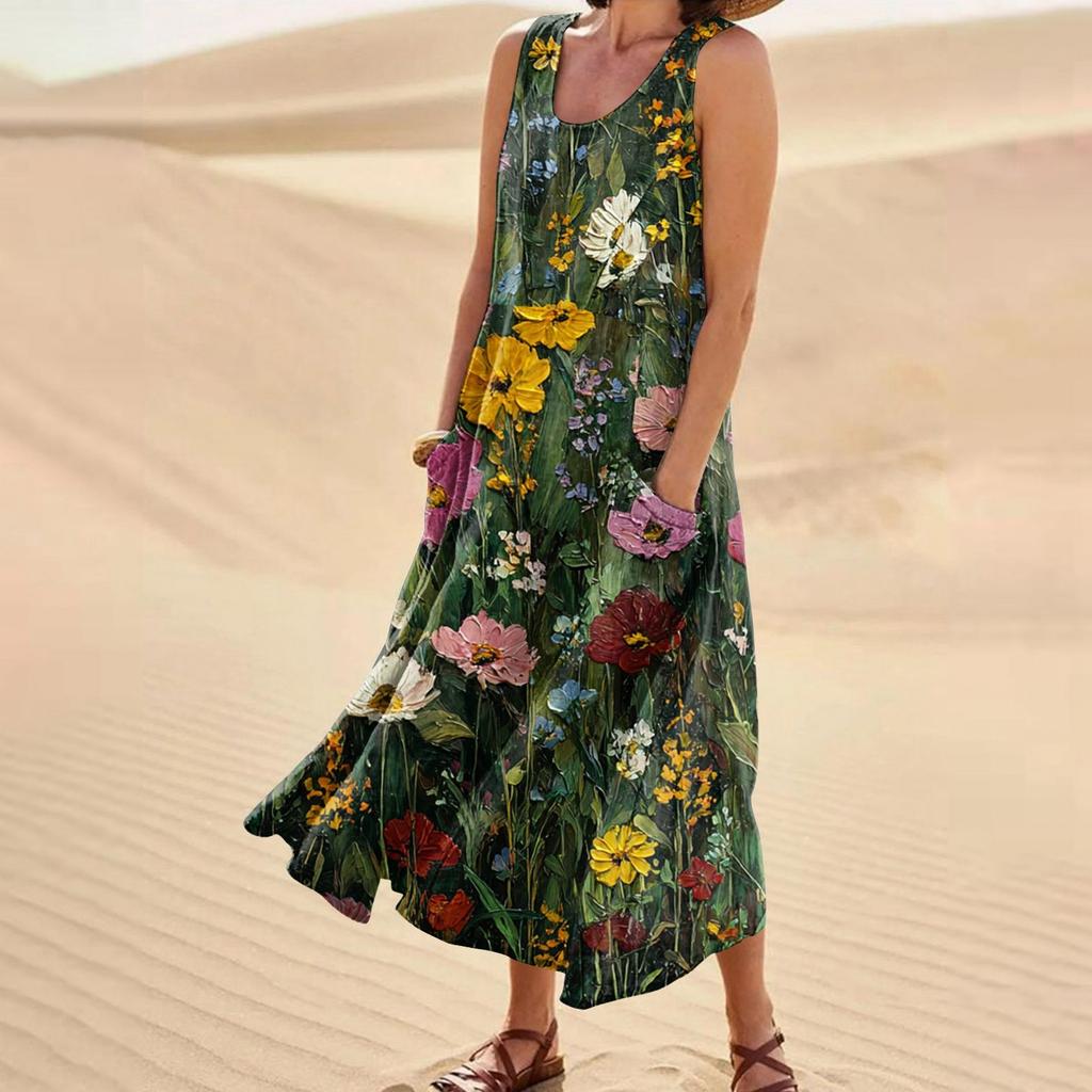 Женское повседневное модное платье без рукавов с цветочным принтом и карманом