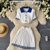Sweet Two 2 Pieces College Set for Women Summer Sexy Polo Collar Short Sleeve Buttons Knit Top and Elastic Waist Mini Pleated Skirt Suits